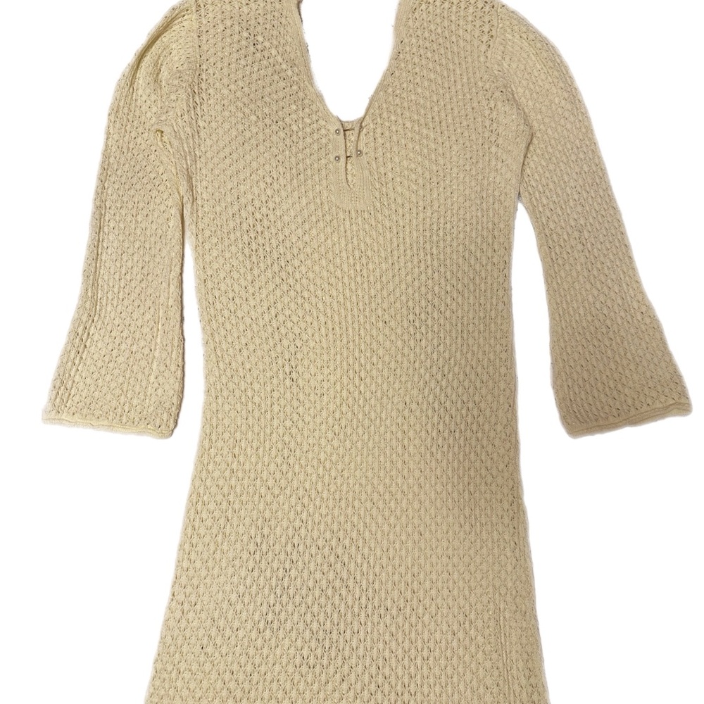Boho Ivory Beige Viscose See Through Coverup Midi Dress Long Sleeve V-neck Pearl